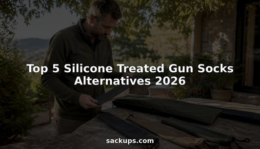 Man examining gun sock alternatives on workbench